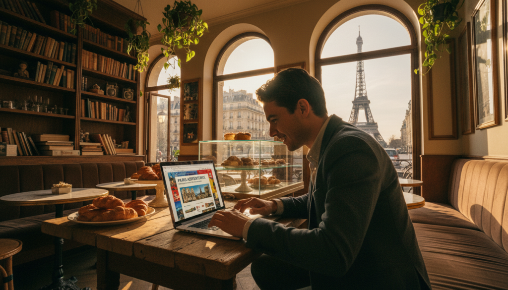 A vibrant scene of a traveler enthusiastically booking a tour online at a stylish café in Paris. In the foreground, a young professional dressed in smart casual attire is seated at a rustic wooden table, focused on a laptop displaying a colorful website of English tours in Paris. The middle layer features the café’s charming interior, showcasing vintage décor, potted plants, and elegantly arranged pastries. In the background, iconic Parisian elements such as the Eiffel Tower and historic buildings can be seen through large windows, bathed in warm, golden sunlight. The ambiance is filled with a sense of adventure and excitement, inviting others to explore the beauty of Paris. Shot with a wide lens, emphasizing depth and detail, rendered in 8k resolution with cinematic lighting to highlight textures and colors.