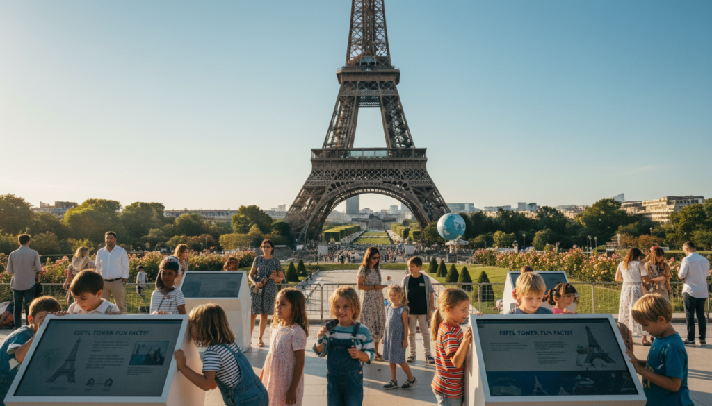 A vibrant scene of families enjoying interactive Eiffel Tower tours in Paris. In the foreground, children playfully explore educational exhibits about the Eiffel Tower, their faces lit with excitement. Parents, dressed in casual yet neat clothing, engage with kiosks providing fun facts about the monument. In the middle ground, the Eiffel Tower towers majestically, surrounded by lush green gardens with blooming flowers, and other families taking photographs. The background features a clear blue sky, softly illuminated by golden sunlight. The atmosphere is lively and joyful, capturing the essence of family bonding during sightseeing. The image is in 8k resolution, with cinematic lighting highlighting the textures of the tower and the cheerful expressions of the families. A vibrant scene of families enjoying interactive Eiffel Tower tours in Paris. In the foreground, children playfully explore educational exhibits about the Eiffel Tower, their faces lit with excitement. Parents, dressed in casual yet neat clothing, engage with kiosks providing fun facts about the monument. In the middle ground, the Eiffel Tower towers majestically, surrounded by lush green gardens with blooming flowers, and other families taking photographs. The background features a clear blue sky, softly illuminated by golden sunlight. The atmosphere is lively and joyful, capturing the essence of family bonding during sightseeing. The image is in 8k resolution, with cinematic lighting highlighting the textures of the tower and the cheerful expressions of the families.