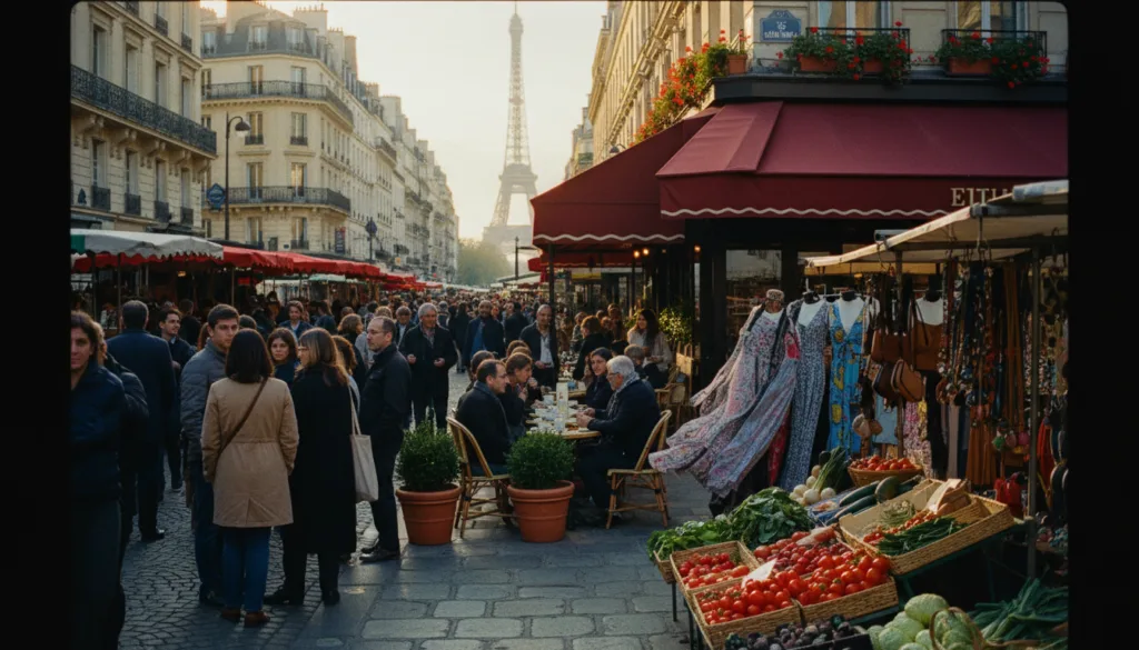 Živá scéna nákupných a trhových atrakcií v Paríži s očarujúcou ulicou lemovanou malebnými butikmi a živými trhovými stánkami. V popredí si rôzni nakupujúci prezerajú krásne aranžované výklady čerstvých produktov, remeselného tovaru a elegantných módnych kúskov. V strede sa nachádza malebná kaviareň s návštevníkmi, ktorí si vychutnávajú kávu pri stolíkoch na chodníku, obklopená farebnými markízami a kvetmi v kvetináčoch. V pozadí je odhalená ikonická parížska architektúra s Eiffelovou vežou, ktorá sa nenápadne týči nad scénou. Obraz je zaliaty teplým, zlatým svetlom, ktoré vytvára útulnú a príjemnú atmosféru. Zachyťte tento pohľad s malou hĺbkou ostrosti, aby ste zdôraznili textúry stánkov a zároveň zachovali ostrosť nakupujúcich, vo filmovom štýle, rozlíšenie 8k pre úžasné detaily.