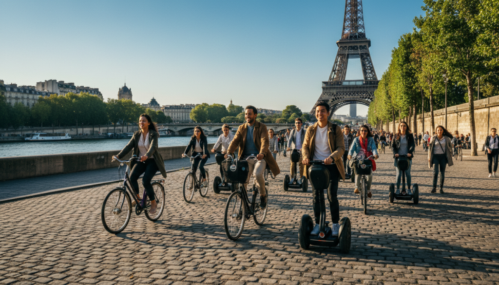 A vibrant scene of tourists enjoying sightseeing tours in Paris by bike and Segway. In the foreground, a diverse group of people dressed in casual, stylish clothing are happily riding bicycles and Segways, with smiles on their faces. The middle ground showcases iconic Parisian landmarks such as the Eiffel Tower and the Seine River, lush trees lining the pathway. The background features a clear blue sky, soft, golden sunlight illuminates the scene, casting gentle shadows. The image is composed with a slight angle to capture depth, enhancing the dynamic feel of the tour experience. Emphasize highly detailed textures, from the cobblestone streets to the shimmering water of the river, reflecting the joyful atmosphere of exploring Paris. Render in raw photograph style with cinematic lighting, 8k resolution. A vibrant scene of tourists enjoying sightseeing tours in Paris by bike and Segway. In the foreground, a diverse group of people dressed in casual, stylish clothing are happily riding bicycles and Segways, with smiles on their faces. The middle ground showcases iconic Parisian landmarks such as the Eiffel Tower and the Seine River, lush trees lining the pathway. The background features a clear blue sky, soft, golden sunlight illuminates the scene, casting gentle shadows. The image is composed with a slight angle to capture depth, enhancing the dynamic feel of the tour experience. Emphasize highly detailed textures, from the cobblestone streets to the shimmering water of the river, reflecting the joyful atmosphere of exploring Paris. Render in raw photograph style with cinematic lighting, 8k resolution.