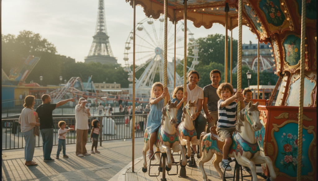 A vibrant scene set in a bustling theme park in Paris, showcasing families enjoying various attractions. In the foreground, a cheerful family with two young children, dressed in modest casual clothing, smiles as they experience a colorful carousel adorned with intricate designs. The middle ground features families gathered around popular rides, with laughter and excitement evident. In the background, iconic Parisian landmarks like the Eiffel Tower and lush greenery can be seen, bathed in warm, golden sunlight, creating a joyous atmosphere. The image captures the essence of family fun and adventure, with a shallow depth of field to emphasize the subjects. Shot with cinematic lighting and highly detailed textures in 8k resolution to enhance the inviting mood and playful ambiance of a perfect day in Paris. A vibrant scene set in a bustling theme park in Paris, showcasing families enjoying various attractions. In the foreground, a cheerful family with two young children, dressed in modest casual clothing, smiles as they experience a colorful carousel adorned with intricate designs. The middle ground features families gathered around popular rides, with laughter and excitement evident. In the background, iconic Parisian landmarks like the Eiffel Tower and lush greenery can be seen, bathed in warm, golden sunlight, creating a joyous atmosphere. The image captures the essence of family fun and adventure, with a shallow depth of field to emphasize the subjects. Shot with cinematic lighting and highly detailed textures in 8k resolution to enhance the inviting mood and playful ambiance of a perfect day in Paris.