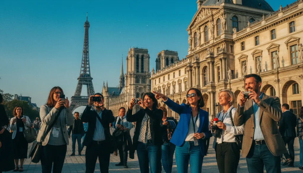 Une scène vivante illustrant une visite quotidienne de Paris, mettant en lumière des monuments incontournables tels que la Tour Eiffel, le Louvre et la cathédrale Notre-Dame. Au premier plan, un groupe varié de touristes, en tenues professionnelles et décontractées, prennent des photos avec enthousiasme et admirent les sites. Au second plan, l'architecture parisienne emblématique se dévoile, avec des détails magnifiques et une grande richesse de textures, tandis qu'à l'arrière-plan se dessine la silhouette majestueuse de la Tour Eiffel sur un ciel d'un bleu éclatant. La scène est baignée d'une lumière chaude et cinématographique, créant une atmosphère accueillante. Prise avec un objectif 35 mm pour accentuer la profondeur et les détails, cette image d'une grande précision est en résolution 8K, idéale pour illustrer l'esprit de la découverte parisienne.
