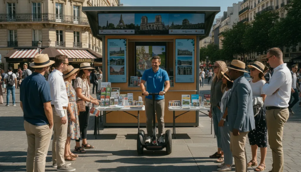 Une scène dynamique mettant en scène un groupe de touristes de tous horizons réservant des visites en Segway à Paris. Au premier plan, des personnes d'origines ethniques variées, vêtues de tenues élégantes et décontractées, discutent avec un guide sympathique en tenue professionnelle, qui leur montre comment utiliser un Segway. Au second plan, un kiosque stylé présente des images de monuments emblématiques de Paris, comme la Tour Eiffel et Notre-Dame, avec des brochures et des plans à disposition. L'arrière-plan dévoile les magnifiques rues de Paris, bordées de cafés et de bâtiments pittoresques, sous un ciel d'un bleu limpide. La composition doit être réalisée avec un éclairage cinématographique qui accentue l'ambiance chaleureuse d'une journée ensoleillée, en utilisant un objectif ultra grand-angle pour capturer l'atmosphère animée. L'image doit posséder des textures très détaillées et être en résolution 8K pour susciter un sentiment d'enthousiasme et d'aventure.