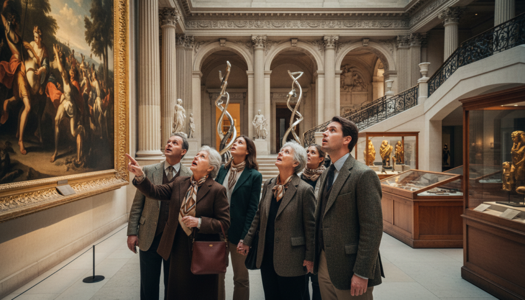 A vibrant scene showcasing an English tour group exploring the grand halls of a famous Paris museum, such as the Louvre or Musée d'Orsay. In the foreground, a diverse group of tourists, dressed in smart casual clothing, are captivated by a magnificent painting, their expressions reflecting awe and wonder. In the middle ground, beautifully restored classical architecture and intricate art installations enhance the museum's opulence. The background features captivating display cases highlighting exquisite artifacts, under soft, cinematic lighting that casts gentle shadows and highlights rich textures. The atmosphere is lively yet serene, capturing the essence of cultural exploration in Paris, with an 8k resolution for stunning detail.