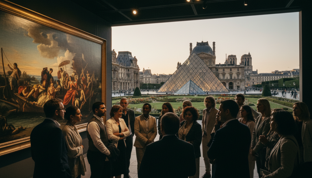 A vibrant scene showcasing an art and culture tour at the Louvre Museum in Paris. In the foreground, a diverse group of tourists, dressed in smart casual clothing, are intently observing a renowned painting, illuminated by soft, warm light. The middle layer features the iconic glass pyramid entrance of the Louvre, surrounded by beautifully manicured gardens and the historical architecture of the museum. In the background, the Parisian skyline is softly blurred, creating a sense of depth. The atmosphere is lively yet respectful, encapsulating the awe of art appreciation. Utilize cinematic lighting to enhance the textures of the museum’s facade, shot in 8k resolution, capturing every intricate detail for a realistic depiction of artistic exploration and cultural immersion.