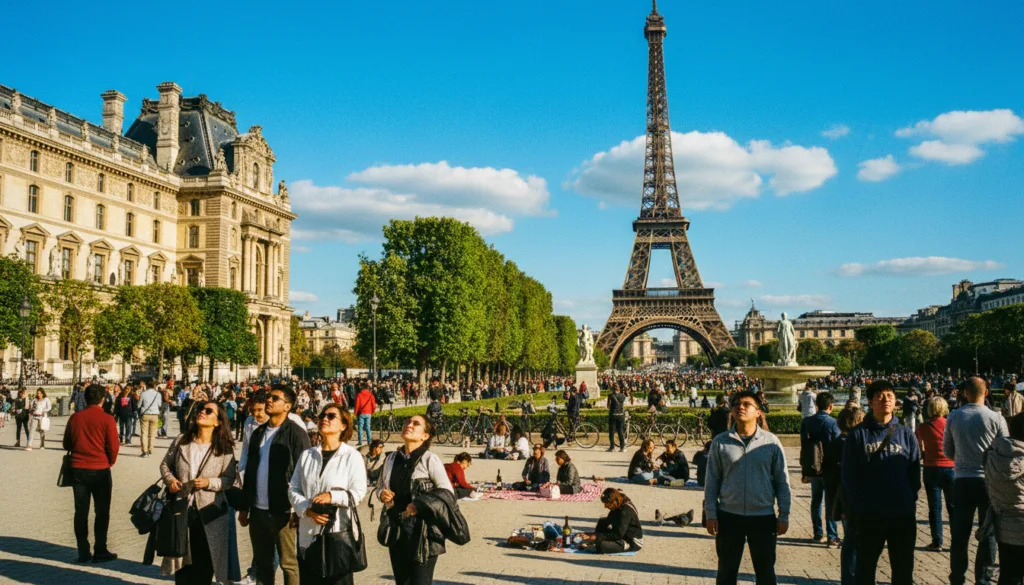 Živá scéna predstavujúca obľúbené bezplatné turistické atrakcie v Paríži, konkrétne v prvú nedeľu v mesiaci. V popredí rôzni návštevníci v decentnom ležérnom oblečení objavujú historickú architektúru a obdivujú krásne fasády pamiatok, ako sú Louvre a Musée d'Orsay. V strede sa nachádzajú svieže zelené plochy ako Tuilerijská záhrada, kde si rodiny užívajú pohodové pikniky pod ikonickými parížskymi stromami. V pozadí sa majestátne týči Eiffelova veža na pozadí jasne modrej oblohy s jemným, filmovým osvetlením, ktoré osvetľuje scénu. Zachyťte tento okamih vo vysokom rozlíšení 8k pomocou širokouhlého objektívu, aby ste vyjadrili vznešenosť parížskeho mestského života a evokovali radostnú a prívetivú atmosféru plnú objavovania a úžasu.