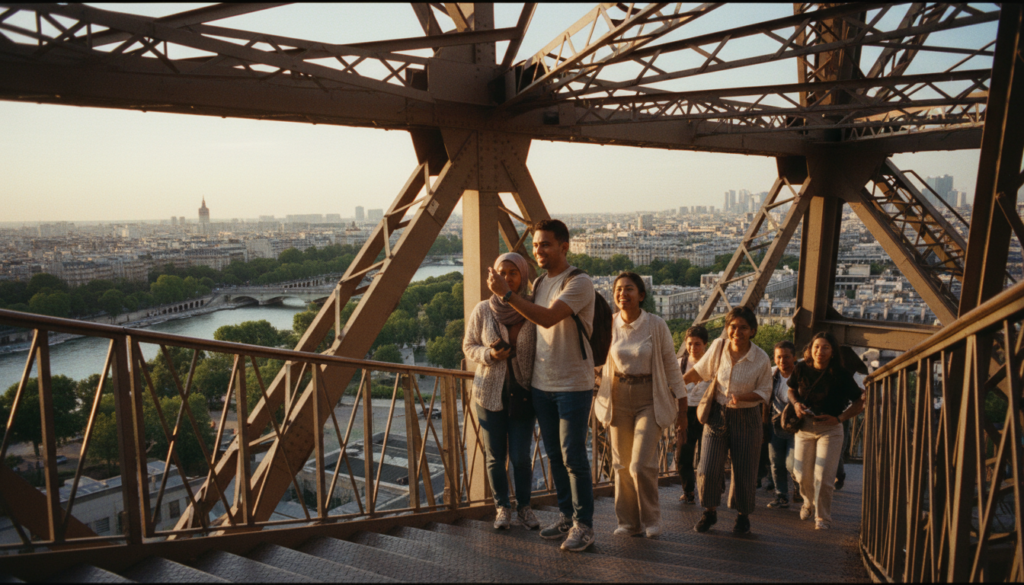 A vibrant scene showcasing tourists joyfully climbing the Eiffel Tower stairs, with a focus on diverse groups of people in modest casual clothing. In the foreground, a couple pauses to admire the view, capturing the excitement of the climb. In the middle, several visitors ascend the winding staircase, surrounded by intricate ironwork and detailed textures of the tower. The background features the iconic Paris skyline, with hints of the Seine River. The lighting is cinematic, with warm golden hour tones illuminating the scene, creating a welcoming atmosphere. The image should have a raw photograph quality, rendered in 8k resolution to enhance the details and textures of both the tourists and the Eiffel Tower structure. A vibrant scene showcasing tourists joyfully climbing the Eiffel Tower stairs, with a focus on diverse groups of people in modest casual clothing. In the foreground, a couple pauses to admire the view, capturing the excitement of the climb. In the middle, several visitors ascend the winding staircase, surrounded by intricate ironwork and detailed textures of the tower. The background features the iconic Paris skyline, with hints of the Seine River. The lighting is cinematic, with warm golden hour tones illuminating the scene, creating a welcoming atmosphere. The image should have a raw photograph quality, rendered in 8k resolution to enhance the details and textures of both the tourists and the Eiffel Tower structure.