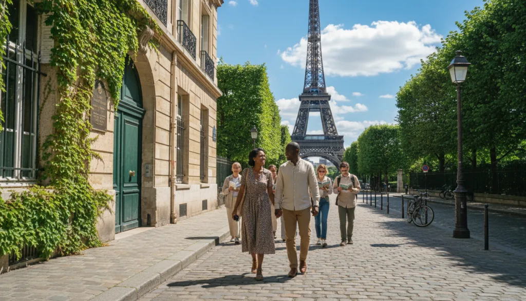 Un parcours dynamique et autoguidé à la découverte du patrimoine afro-américain à Paris, mettant en scène un groupe diversifié de personnes, dont un couple afro-américain vêtu de tenues décontractées élégantes et sobres, explorant des sites historiques. Au premier plan, un chemin pavé mène à un immeuble parisien classique, orné de lierre, invitant les visiteurs à découvrir la richesse de son histoire culturelle. Au second plan, des monuments parisiens emblématiques, comme la Tour Eiffel partiellement visible à travers les arbres, créent une atmosphère particulière. L'arrière-plan, un ciel d'un bleu éclatant parsemé de nuages, évoque une ambiance chaleureuse et accueillante. L'image, capturée en haute résolution 8K, devrait bénéficier d'un éclairage cinématographique mettant en valeur les textures de l'environnement, avec un souci du réalisme et du détail, soulignant ainsi l'esprit d'exploration et la richesse du patrimoine. Un parcours dynamique et autoguidé à la découverte du patrimoine afro-américain à Paris, mettant en scène un groupe diversifié de personnes, dont un couple afro-américain vêtu de tenues décontractées élégantes et sobres, explorant des sites historiques. Au premier plan, un chemin pavé mène à un immeuble parisien classique, orné de lierre, invitant les visiteurs à découvrir la richesse de son histoire culturelle. Au second plan, des monuments parisiens emblématiques, comme la Tour Eiffel partiellement visible à travers les arbres, créent une atmosphère particulière. L'arrière-plan, un ciel d'un bleu éclatant parsemé de nuages, évoque une ambiance chaleureuse et accueillante. L'image, capturée en haute résolution 8K, devrait bénéficier d'un éclairage cinématographique mettant en valeur les textures de l'environnement, avec un souci du réalisme et du détail, soulignant ainsi l'esprit d'exploration et la richesse du patrimoine.