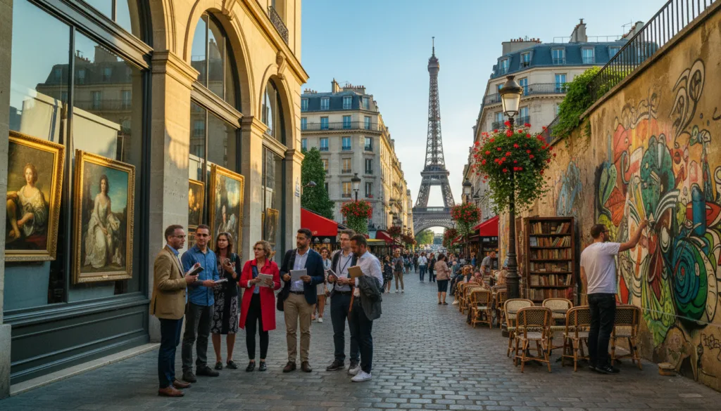 Une scène de rue parisienne animée, capturant l'effervescence des visites culturelles quotidiennes. Au premier plan, un groupe hétéroclite de touristes élégamment vêtus explore une galerie d'art locale dont les vitrines exposent de superbes tableaux. Un artiste de rue, en train de réaliser une fresque colorée sur un mur voisin, ajoute à la vitalité de la scène. Au second plan, de charmants cafés et librairies bordent la rue pavée, ornée de paniers de fleurs suspendus. À l'arrière-plan se dresse l'architecture parisienne emblématique, avec la Tour Eiffel qui se profile au-dessus des toits sous un ciel d'un bleu limpide. La scène est baignée par la douce lumière dorée du crépuscule, créant une atmosphère accueillante et inspirante. Prise avec un objectif grand angle, l'image présente des textures d'une grande précision et est proposée en résolution 8K, soulignant ainsi la richesse culturelle de Paris.