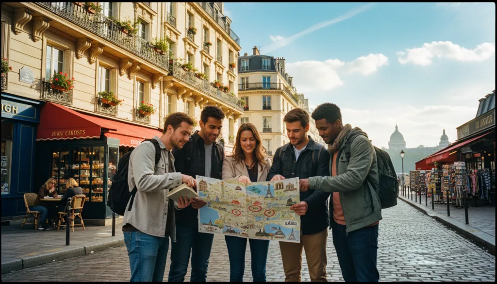 Živá pouličná scéna v Paríži zobrazujúca turistov plánujúcich trasu k bezplatným atrakciám podľa štvrtí. V popredí je rozmanitá skupina ľudí oblečených v decentnom ležérnom oblečení zhromaždená okolo podrobnej mapy Paríža so zvýraznenými významnými pamiatkami. V strede ulice lemuje očarujúca parížska architektúra s ikonickými prvkami, ako sú kované železné balkóny a terasy kaviarní. Pozadie zachytáva modrú oblohu s jemnými oblakmi, ktoré naznačujú slnečný deň. Obraz je bohatý na textúry s prepracovanými detailmi dláždených ulíc a farebných výkladov. Nálada je veselá a dobrodružná, umocnená filmovým osvetlením, ktoré zdôrazňuje interakcie medzi ľuďmi a ich okolím, nasnímané v rozlíšení 8k pre zaistenie jasnosti a živosti.