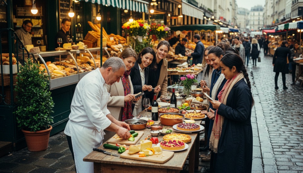A vibrant street scene in Paris featuring a gourmet food tour, showcasing a lively group of participants engaged in a cooking class outside a charming bistro. In the foreground, a chef demonstrates knife skills with fresh vegetables on a wooden table, surrounded by attendees dressed in smart casual attire. The middle ground includes various gourmet dishes artfully displayed, highlighting French cuisine, while an open market with colorful produce and pastries can be seen bustling in the background. The lighting is soft and diffused, creating a warm and inviting atmosphere, with a slight bokeh effect. The image is raw and highly detailed, capturing textures of food and the cobblestone streets in stunning 8k resolution. The overall mood is joyful and educational, embodying the essence of culinary exploration in Paris. A vibrant street scene in Paris featuring a gourmet food tour, showcasing a lively group of participants engaged in a cooking class outside a charming bistro. In the foreground, a chef demonstrates knife skills with fresh vegetables on a wooden table, surrounded by attendees dressed in smart casual attire. The middle ground includes various gourmet dishes artfully displayed, highlighting French cuisine, while an open market with colorful produce and pastries can be seen bustling in the background. The lighting is soft and diffused, creating a warm and inviting atmosphere, with a slight bokeh effect. The image is raw and highly detailed, capturing textures of food and the cobblestone streets in stunning 8k resolution. The overall mood is joyful and educational, embodying the essence of culinary exploration in Paris.