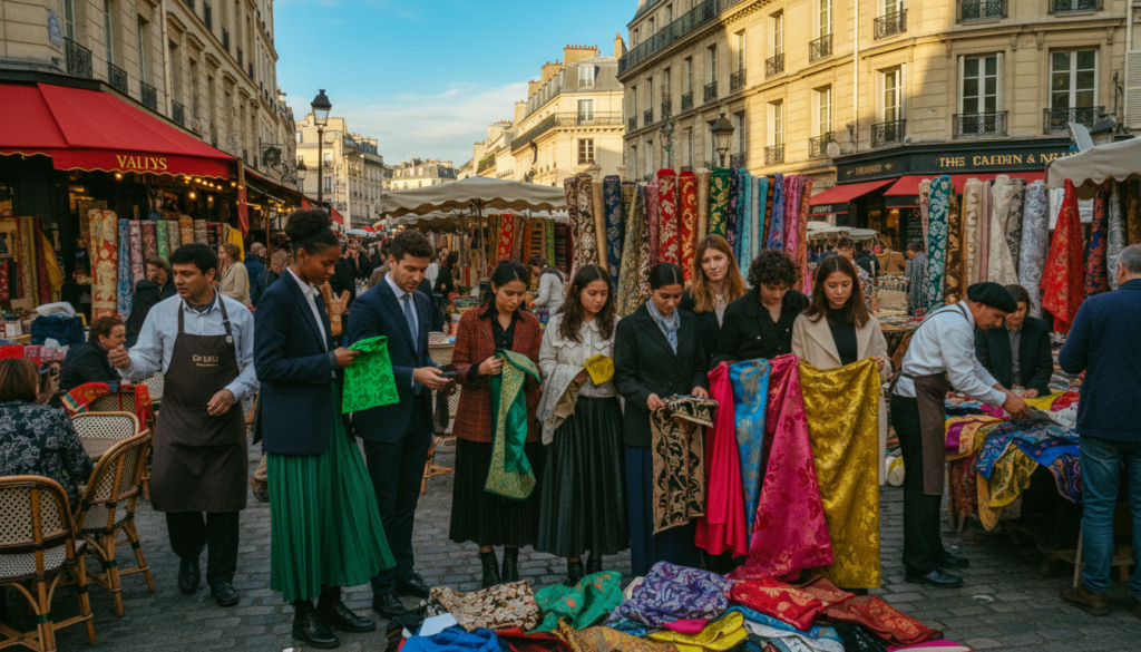 A vibrant street scene in Paris, showcasing a lively fashion tour for aspiring designers and students. In the foreground, a diverse group of young adults dressed in professional business attire and trendy yet modest casual clothing examine colorful textile samples displayed on market stalls. The middle ground highlights various textile vendors with rolls of luxurious fabrics, intricate patterns, and bold colors, creating a dynamic marketplace atmosphere. The background features iconic Parisian architecture, such as charming cafés and historic buildings, under a bright blue sky. The lighting is warm and cinematic, casting soft shadows and enhancing the textures of the fabrics. The image is captured in 8k resolution, emphasizing the details and mood of creativity and inspiration in the heart of the fashion capital.