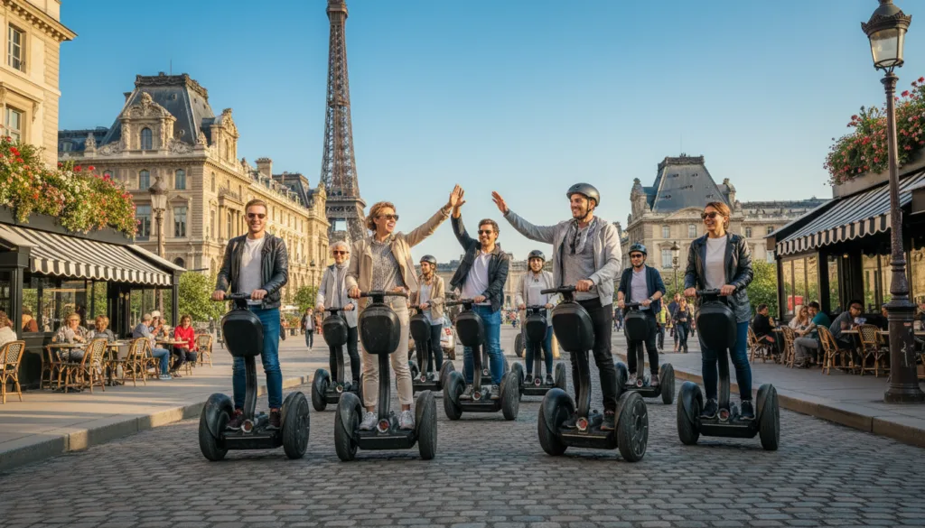 Une scène de rue parisienne animée, mettant en scène des opérateurs de visites guidées en Segway. Au premier plan, un groupe de touristes d'horizons divers, vêtus de tenues à la fois décontractées et élégantes, profitent de leurs Segways, souriant et échangeant entre eux. Au second plan, des monuments parisiens emblématiques, tels que la Tour Eiffel et le Louvre, se fondent dans le décor, tandis que de charmantes rues pavées et des cafés pittoresques créent une atmosphère accueillante. L'arrière-plan capture un ciel d'un bleu limpide, sublimé par une lumière douce et cinématographique, projetant des ombres délicates sur la scène. L'image doit souligner l'enthousiasme et le plaisir de l'expérience, grâce à des textures très détaillées en résolution 8K qui donnent vie à l'ensemble.