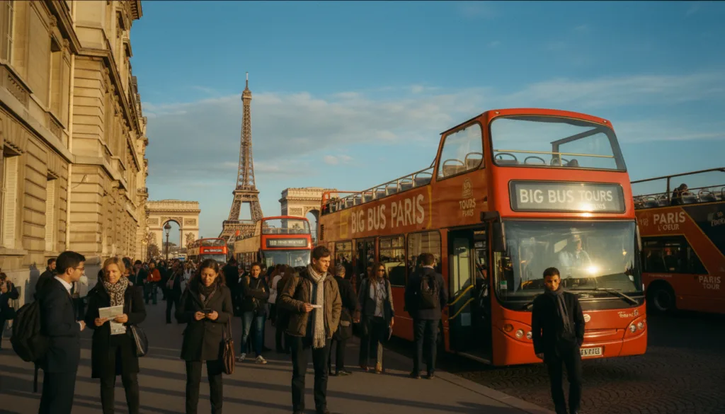 Una vibrante escena callejera en París muestra a los operadores de autobuses turísticos más populares. En primer plano, un autobús de dos pisos de colores brillantes con una marca distintiva, estacionado junto a una concurrida parada turística, rodeado de pasajeros con atuendos profesionales y ropa informal discreta, que consultan con interés mapas. En el centro de la escena se muestran famosos monumentos parisinos como la Torre Eiffel y el Arco del Triunfo, bañados por la cálida luz del sol, que realza las texturas de los edificios. El fondo muestra un cielo azul claro con nubes suaves y tenues que evocan una atmósfera agradable. Captura este momento con una lente cinematográfica, que realza la profundidad de campo y los detalles intrincados, con una impresionante resolución de 8k.
