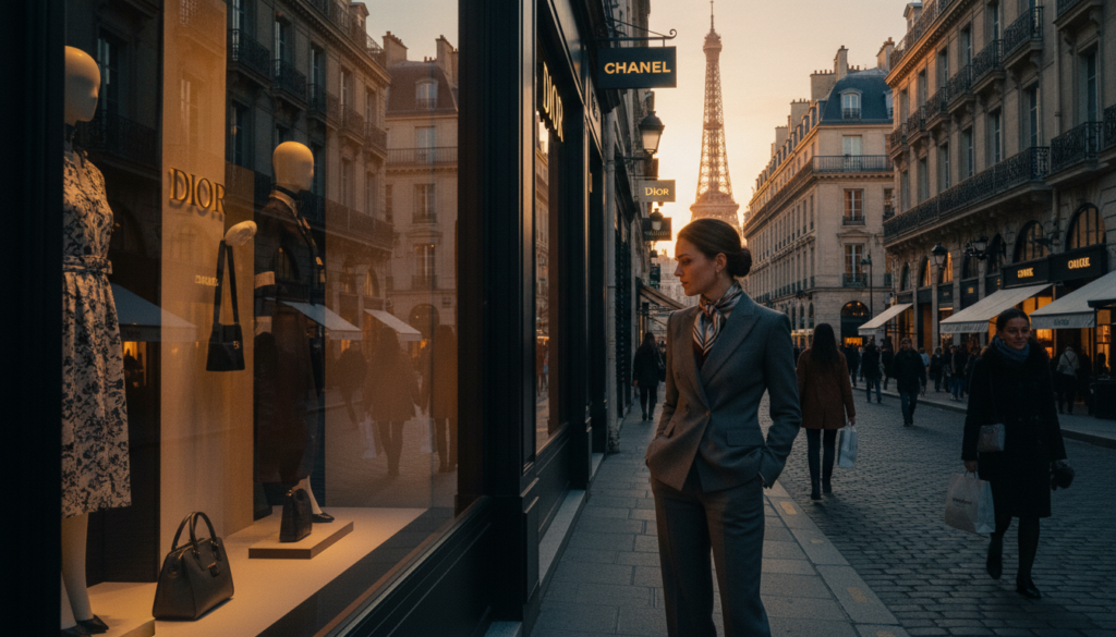 A vibrant street scene in one of Paris's best neighborhoods for fashion exploration, showcasing luxury boutiques and historic shopping districts. In the foreground, a stylishly dressed woman in professional attire admires window displays adorned with chic clothing and accessories. The middle ground features elegant storefronts with ornate architecture, showcasing high-end fashion brands, while pedestrians stroll by with shopping bags in hand. The background captures a hint of the Eiffel Tower peeking through the vintage buildings, bathed in golden hour sunlight for a warm, inviting atmosphere. The overall mood is lively and sophisticated, with a cinematic lighting effect that enhances the rich textures of the boutiques and cobblestone streets. Shot in 8k resolution to highlight every detail.