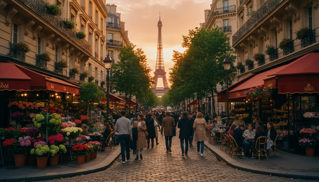 Živá pouličná scenéria zobrazujúca malebnú štvrť v Paríži, ktorá pozýva na pešiu prehliadku. V popredí sú malebné dláždené uličky lemované očarujúcimi kaviarňami a kvetinárstvami, ktoré sú plné ľudí oblečených v ležérnom oblečení, ktorí si užívajú deň. V strede záberu sa nachádza ikonická parížska architektúra s kovanými balkónmi a bujnou zeleňou, ktorá vytvára hrejivú a príjemnú atmosféru. V pozadí vykúka silueta Eiffelovej veže cez koruny stromov, zaliata jemným zlatým svetlom neskorého popoludnia. Scéna zachytáva podstatu parížskeho života a zdôrazňuje radosť z prechádzok voľnými štvrťami. Obrázok by mal mať bohaté textúry a farby, nasnímaný v surovom formáte s filmovým osvetlením, čo zabezpečuje vysokú detailnosť a hĺbku v rozlíšení 8k.