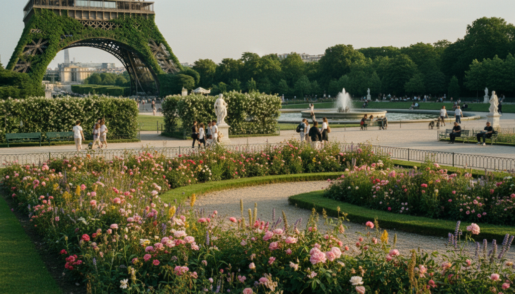 A vibrant summer scene showcasing famous tourist attractions in Paris perfect for garden and nature lovers. In the foreground, delicate flowers and lush green shrubs surround the stunning gardens of the Palace of Versailles, while elegant pathways invite exploration. The middle ground features the iconic Eiffel Tower partially obscured by climbing vines, with visitors dressed in casual, modest attire leisurely enjoying the space. In the background, the serene beauty of the Luxembourg Gardens unfolds, with fountains and tree-lined paths creating a sense of tranquility. Soft, golden hour lighting bathes the scene, casting long shadows and highlighting the intricate details of foliage. The image captures an inviting mood, embodying the harmony of nature amidst Parisian landmarks in stunning 8k resolution with rich textures. A vibrant summer scene showcasing famous tourist attractions in Paris perfect for garden and nature lovers. In the foreground, delicate flowers and lush green shrubs surround the stunning gardens of the Palace of Versailles, while elegant pathways invite exploration. The middle ground features the iconic Eiffel Tower partially obscured by climbing vines, with visitors dressed in casual, modest attire leisurely enjoying the space. In the background, the serene beauty of the Luxembourg Gardens unfolds, with fountains and tree-lined paths creating a sense of tranquility. Soft, golden hour lighting bathes the scene, casting long shadows and highlighting the intricate details of foliage. The image captures an inviting mood, embodying the harmony of nature amidst Parisian landmarks in stunning 8k resolution with rich textures.