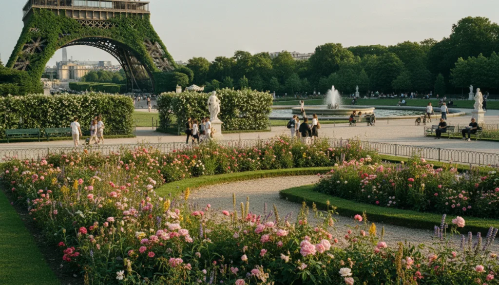 Une scène estivale vibrante mettant en valeur les célèbres attractions touristiques de Paris, idéale pour les amoureux des jardins et de la nature. Au premier plan, des fleurs délicates et des arbustes d'un vert luxuriant entourent les magnifiques jardins du château de Versailles, tandis que d'élégantes allées invitent à la flânerie. Au second plan, l'emblématique tour Eiffel se dresse, partiellement dissimulée par des vignes grimpantes, tandis que des visiteurs, vêtus de façon décontractée et sobre, profitent tranquillement des lieux. À l'arrière-plan, la beauté sereine du jardin du Luxembourg se dévoile, avec ses fontaines et ses allées bordées d'arbres qui créent une atmosphère de tranquillité. Une douce lumière dorée baigne la scène, projetant de longues ombres et soulignant les détails subtils du feuillage. L'image capture une ambiance accueillante, incarnant l'harmonie de la nature au milieu des monuments parisiens, dans une superbe résolution 8K aux textures riches. Une scène estivale vibrante mettant en valeur les célèbres attractions touristiques de Paris, idéale pour les amoureux des jardins et de la nature. Au premier plan, des fleurs délicates et des arbustes d'un vert luxuriant entourent les magnifiques jardins du château de Versailles, tandis que d'élégantes allées invitent à la flânerie. Au second plan, l'emblématique tour Eiffel se dresse, partiellement dissimulée par des vignes grimpantes, tandis que des visiteurs, vêtus de façon décontractée et sobre, profitent tranquillement des lieux. À l'arrière-plan, la beauté sereine du jardin du Luxembourg se dévoile, avec ses fontaines et ses allées bordées d'arbres qui créent une atmosphère de tranquillité. Une douce lumière dorée baigne la scène, projetant de longues ombres et soulignant les détails subtils du feuillage. L'image capture une ambiance accueillante, incarnant l'harmonie de la nature au milieu des monuments parisiens, dans une superbe résolution 8K aux textures riches.