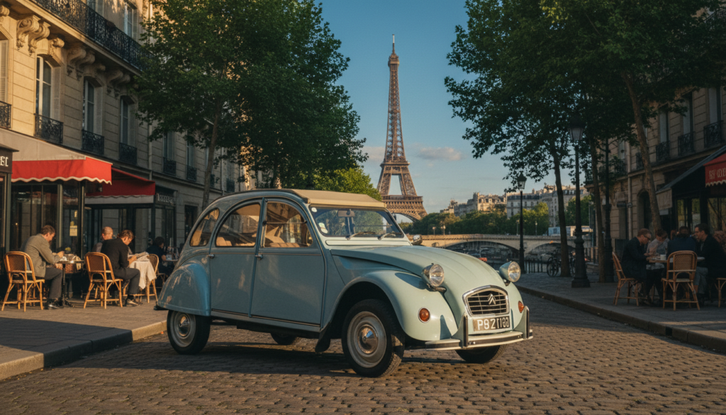 A vintage Citroën 2CV parked on a charming Parisian street, surrounded by lush greenery and classic architecture. The car's soft curves and pastel paint radiate nostalgia, capturing the essence of a leisurely private tour. In the foreground, the car is prominently displayed, glinting under warm, golden hour sunlight, which casts soft shadows and highlights its unique details. The middle ground features cobblestone streets and quaint sidewalk cafes, with people dressed in modest casual clothing enjoying their day. In the background, iconic Paris landmarks like the Eiffel Tower emerge against a clear blue sky, evoking a sense of wanderlust and romance. The composition is shot with a shallow depth of field, creating a cinematic atmosphere that invites viewers to experience the magic of vintage car tours in Paris. Produced in stunning 8k resolution, capturing highly detailed textures and vibrant colors.