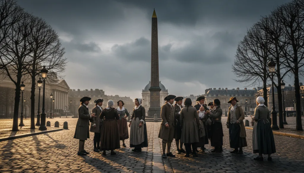 Una vívida representación de la Plaza de la Concordia durante la Revolución Francesa, que muestra el icónico obelisco que se yergue en el centro, rodeado de arquitectura histórica. En primer plano, un camino empedrado conduce a la plaza, con árboles y farolas de la época que proyectan una cálida iluminación cinematográfica sobre la escena. En el centro, un grupo de personas vestidas con ropa informal y modesta, reflejando la moda de finales del siglo XVIII, participan en animadas conversaciones, evocando una sensación de urgencia y cambio. Al fondo, el Palacio de Borbón y los lejanos tejados de París crean un horizonte histórico bajo un cielo dramático y nublado, que enfatiza la tensión de la época. La imagen debe capturarse en resolución 8k con texturas muy detalladas para realzar la atmósfera de este momento crucial de la historia francesa.