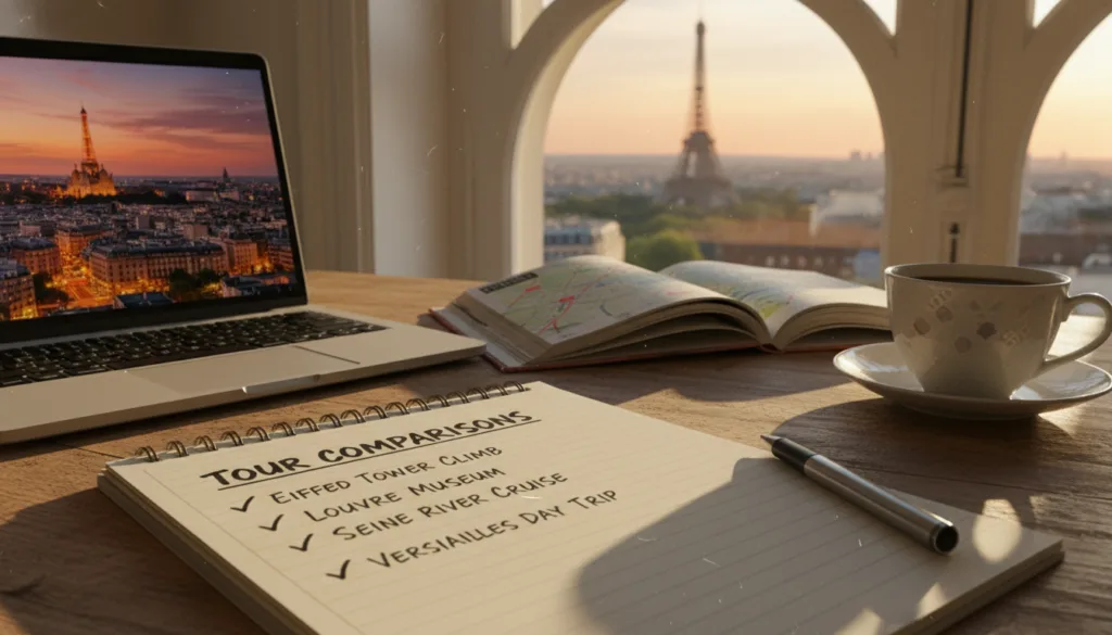 Un escritorio bien organizado muestra cómo elegir el tour perfecto por París. En primer plano, un bloc de notas elegantemente organizado con una lista titulada "Comparación de tours", junto a una laptop que muestra un vibrante horizonte parisino. En el centro, una elegante guía de viajes abierta en una página sobre tours populares, con una taza de café al lado. Al fondo, un gran ventanal con vistas a la Torre Eiffel bañada por la dorada luz del atardecer realza la atmósfera. La escena está capturada con un estilo fotográfico natural, con una iluminación cinematográfica que resalta las texturas de los objetos. La imagen debe tener una resolución de 8k, transmitiendo una atmósfera de inspiración y aventura, ideal para viajeros que planean su experiencia en París.