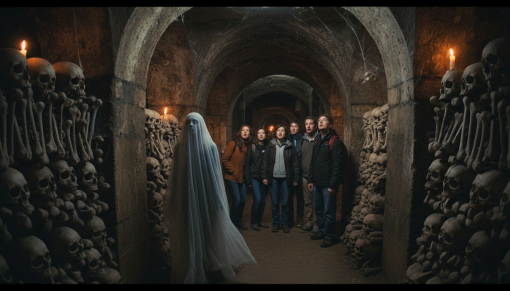 نرم، ٹمٹماتے موم بتی کی روشنی سے منور ایک پُرجوش زیر زمین کیٹکمب منظر قدیم پتھر کی دیواروں پر رقص کے سائے ڈال رہا ہے۔ پیش منظر میں، ایتھریل سفید میں ایک بھوت شکل والی شکل کھردری کھوپڑیوں اور ڈھیروں ہڈیوں کی قطاروں کے درمیان بہتی ہے، جو ایک خوفناک موجودگی کو جنم دیتی ہے۔ درمیانی گراؤنڈ میں معمولی آرام دہ لباس میں سیاحوں کا ایک چھوٹا گروپ ہے، جو ٹھنڈے ماحول کو بڑی آنکھوں سے دیکھ رہے ہیں، ان کے تاثرات حیرت اور گھبراہٹ کا مرکب ہیں۔ پس منظر میں دھیمے روشنی والے گزرگاہوں کا پتہ چلتا ہے جو کیٹاکومبس کی گہرائی میں جاتا ہے، جس سے نہ ختم ہونے والے اسرار کا احساس پیدا ہوتا ہے۔ ماحول تناؤ اور تجسس سے بھرا ہوا ہے، جس میں نم پتھر اور کوب کے جالوں کی انتہائی تفصیلی ساخت ہے۔ کمپوزیشن chiaroscuro سے بھرپور ہے، 8k ریزولوشن میں وائیڈ اینگل لینس کے ساتھ گولی ماری گئی ہے، جس سے اس بھوت آمیز تصادم کے سینمائی احساس میں اضافہ ہوتا ہے۔ نرم، ٹمٹماتے موم بتی کی روشنی سے منور ایک پُرجوش زیر زمین کیٹکمب منظر قدیم پتھر کی دیواروں پر رقص کے سائے ڈال رہا ہے۔ پیش منظر میں، ایتھریل سفید میں ایک بھوت شکل والی شکل کھردری کھوپڑیوں اور ڈھیروں ہڈیوں کی قطاروں کے درمیان بہتی ہے، جو ایک خوفناک موجودگی کو جنم دیتی ہے۔ درمیانی گراؤنڈ میں معمولی آرام دہ لباس میں سیاحوں کا ایک چھوٹا گروپ ہے، جو ٹھنڈے ماحول کو بڑی آنکھوں سے دیکھ رہے ہیں، ان کے تاثرات حیرت اور گھبراہٹ کا مرکب ہیں۔ پس منظر میں دھیمے روشنی والے گزرگاہوں کا پتہ چلتا ہے جو کیٹاکومبس کی گہرائی میں جاتا ہے، جس سے نہ ختم ہونے والے اسرار کا احساس پیدا ہوتا ہے۔ ماحول تناؤ اور تجسس سے بھرا ہوا ہے، جس میں نم پتھر اور کوب کے جالوں کی انتہائی تفصیلی ساخت ہے۔ کمپوزیشن chiaroscuro سے بھرپور ہے، 8k ریزولوشن میں وائیڈ اینگل لینس کے ساتھ گولی ماری گئی ہے، جس سے اس بھوت آمیز تصادم کے سینمائی احساس میں اضافہ ہوتا ہے۔