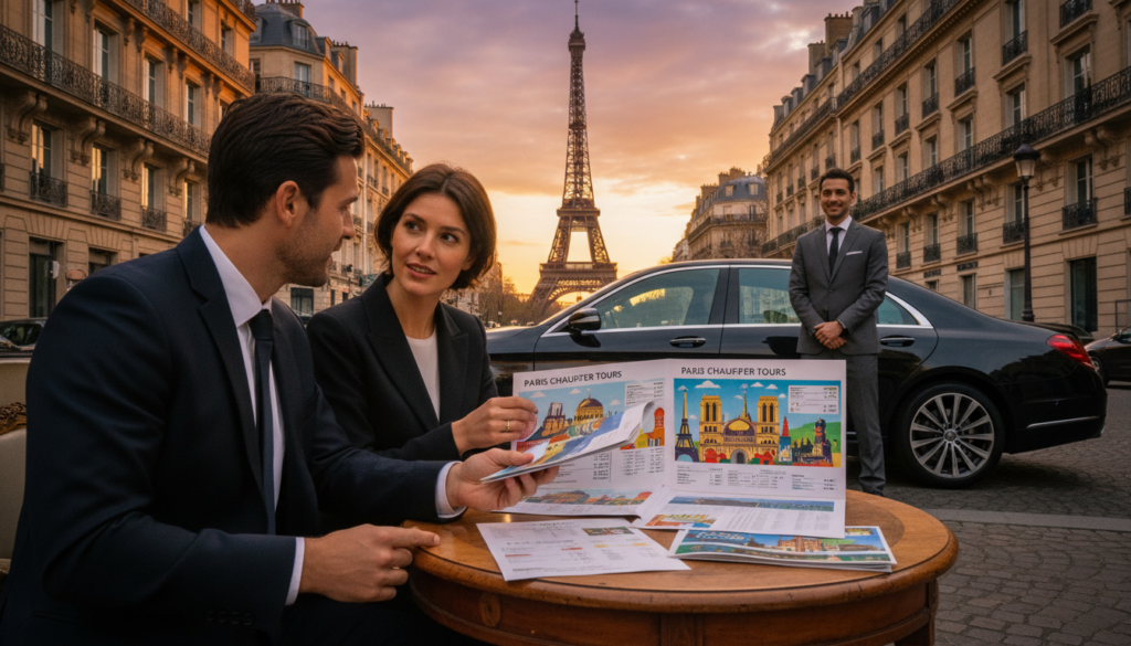 An elegant Parisian street scene showcasing a comparison of private car tour operators. In the foreground, two well-dressed professionals in smart casual attire are discussing brochures and pricing of various tour options, surrounded by detailed brochures featuring iconic Paris landmarks. In the middle ground, an upscale black car is parked, with a driver in professional attire waiting patiently. The background features the stunning silhouette of the Eiffel Tower and classic Parisian architecture, bathed in warm, golden hour lighting. The scene is captured in an 8k resolution, with cinematic lighting highlighting the textures and details of the brochures and the elegance of the setting, creating a vibrant, inviting atmosphere for potential tourists seeking the best car tours in Paris.