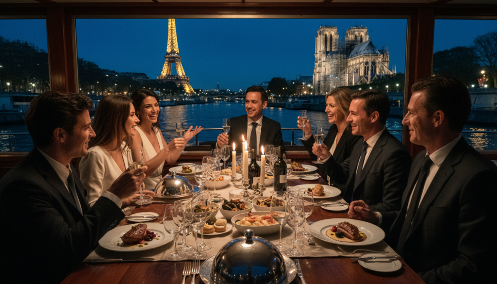 Kyakkyawan jirgin ruwan cin abincin dare na Seine a birnin Paris, wanda ke nuna kyakkyawan abincin da aka ci. A gaba, akwai teburin cin abinci mai kyau wanda aka ƙawata da kyawawan kayan china da gilashin gilashi mai walƙiya, wanda ke ɗauke da kayan abinci masu kyau da hasken kyandir mai walƙiya. A tsakiyar gari, baƙi sanye da kayan kasuwanci na ƙwararru suna jin daɗin maraice, suna dariya da gasa tare da abubuwan sha. Bayan gida yana ɗaukar hasken sararin samaniya na Paris, tare da manyan abubuwan tarihi kamar Hasumiyar Eiffel da Notre Dame a hankali suna tunani a kan ruwan Seine mai natsuwa. Hasken sinima mai laushi yana haɓaka yanayi mai dumi da soyayya, yayin da hoton yake da cikakkun bayanai game da kayan abinci da yadi. An ɗauka a cikin ƙudurin 8k, yanayin ya kamata ya haifar da yanayi na fasaha da jan hankali.