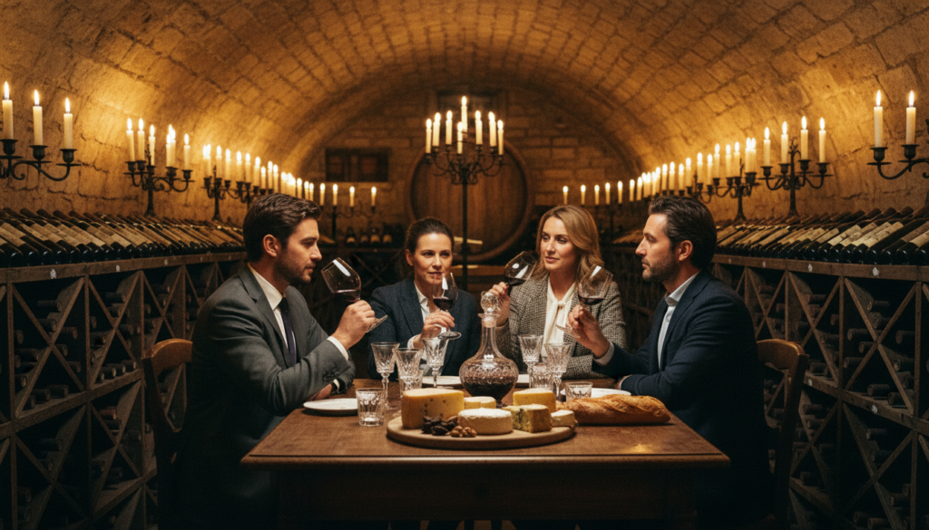 An elegantly adorned Parisian wine cellar, showcasing rows of vintage wine bottles on rustic wooden racks. In the foreground, a sophisticated table is laid out with crystal glasses, an ornate decanter, and assorted gourmet cheeses. The middle ground features a small group of refined individuals in professional attire engaged in an advanced wine tasting, deeply immersed in conversation while savoring a rich red wine. The background is softly lit with warm candlelight, casting a cozy glow across the textured stone walls of the cellar. The atmosphere is intimate and inviting, exuding a sense of luxury and connoisseurship, captured in cinematic lighting, with rich details and textures reminiscent of a highly polished 8k resolution photograph. An elegantly adorned Parisian wine cellar, showcasing rows of vintage wine bottles on rustic wooden racks. In the foreground, a sophisticated table is laid out with crystal glasses, an ornate decanter, and assorted gourmet cheeses. The middle ground features a small group of refined individuals in professional attire engaged in an advanced wine tasting, deeply immersed in conversation while savoring a rich red wine. The background is softly lit with warm candlelight, casting a cozy glow across the textured stone walls of the cellar. The atmosphere is intimate and inviting, exuding a sense of luxury and connoisseurship, captured in cinematic lighting, with rich details and textures reminiscent of a highly polished 8k resolution photograph.