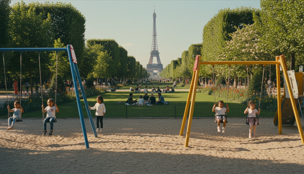 An outdoor playground in a vibrant Parisian park, filled with children laughing and playing joyfully. In the foreground, children of diverse backgrounds are playing on colorful swings and climbing structures, dressed in modest casual clothing. In the middle ground, families enjoy picnicking on a neatly manicured lawn, with a backdrop of lush green trees and blooming flowerbeds. The Eiffel Tower can be seen in the distance, slightly blurred to create depth. The scene is bathed in soft, warm sunlight, casting gentle shadows that enhance the welcoming atmosphere. Captured with a wide-angle lens to emphasize the expansive beauty of the park, the image has a cinematic feel with highly detailed textures and an 8k resolution, evoking a sense of joy and community.