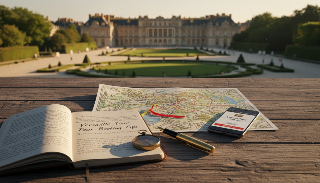 Booking tips for Versailles tours in Paris, featuring a beautifully arranged flat lay on a rustic wooden table. In the foreground, a stylish notebook with handwritten notes, a luxurious pen, and a small compass. In the middle, a printed map of Versailles with highlighted routes, alongside a smartphone displaying a booking app for the tour. The background includes softly blurred images of the majestic Palace of Versailles and its sprawling gardens, bathed in warm, golden sunlight. The scene embodies a mood of anticipation and excitement for travelers, with a cinematic lighting effect that adds depth and contrast. The image should be highly detailed, showcasing textures of the paper, wood grain, and greenery, rendered in stunning 8k resolution. Booking tips for Versailles tours in Paris, featuring a beautifully arranged flat lay on a rustic wooden table. In the foreground, a stylish notebook with handwritten notes, a luxurious pen, and a small compass. In the middle, a printed map of Versailles with highlighted routes, alongside a smartphone displaying a booking app for the tour. The background includes softly blurred images of the majestic Palace of Versailles and its sprawling gardens, bathed in warm, golden sunlight. The scene embodies a mood of anticipation and excitement for travelers, with a cinematic lighting effect that adds depth and contrast. The image should be highly detailed, showcasing textures of the paper, wood grain, and greenery, rendered in stunning 8k resolution.