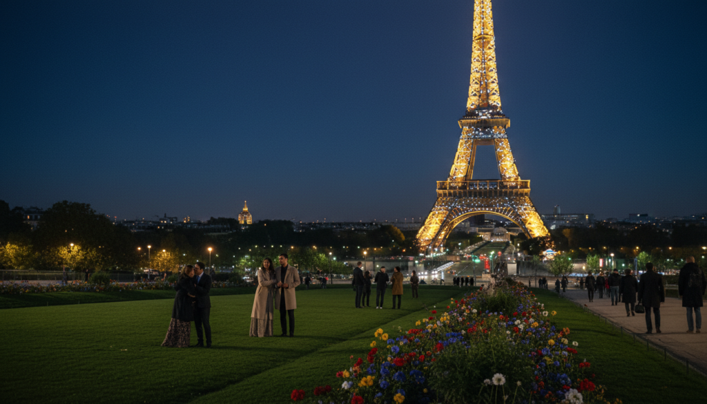 Eifeļa tornis, kas izgaismots pret nakts debesīm, ieskauts mirdzošām pilsētas gaismām, uzņemts no Trokadero dārziem. Priekšplānā redzami spilgti zaļi, kopti zālieni un krāsaini ziedi, un apmeklētāji, ģērbušies stilīgā, bet pieticīgā apģērbā, bauda ainavu. Vidusplānā redzams ikoniskais tornis, kas mirdz zeltainās gaismās, akcentējot tā sarežģīto dzelzs režģa dizainu. Fonā Parīzes jumti un blāvas pilsētas ainavas siluetes saplūst dziļi zilā krēslā, radot sapņainu atmosfēru. Izmantojiet kinematogrāfisku apgaismojumu, lai pastiprinātu ainas siltumu, un asas detaļas 8k izšķirtspējā, lai iemūžinātu torņa un dārzu tekstūras. Noskaņojumam jāatspoguļo intīmi izpētes un bijības mirkļi romantiskā Parīzes vidē.