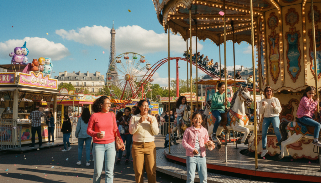 Families enjoying a fun day at a Paris theme park, with a vibrant atmosphere filled with laughter and joy. In the foreground, a diverse group of parents and children, dressed in casual, colorful attire, are happily interacting with attractions like a carousel and a roller coaster. The middle ground showcases delightful amusement rides with bright lights and joyful families queuing, while various food stalls serve classic French treats. In the background, iconic Parisian architecture peeks through, with the Eiffel Tower visible in the distance, under a sunny blue sky scattered with fluffy white clouds. The scene should be captured in a raw photograph style, with cinematic lighting highlighting the joyful expressions and detailed textures of the surroundings, all in stunning 8k resolution.