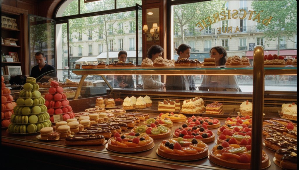 Iconic Parisian pâtisseries featuring an array of elegant French pastries such as delicate macarons, luscious éclairs, and beautifully crafted fruit tarts displayed in a charming shop. In the foreground, a polished wooden counter holds an assortment of pastries, each with intricate, colorful decorations. The middle ground showcases elegant glass display cases filled with pastries, their textures glistening under soft, cinematic lighting. A quaint Parisian street scene is subtly visible in the background, with quaint architecture and leafy trees. The atmosphere is inviting and warm, evoking the essence of a bustling Parisian café. Captured in 8k resolution with rich details and textures, this composition highlights the allure of visiting a Parisian pastry shop.