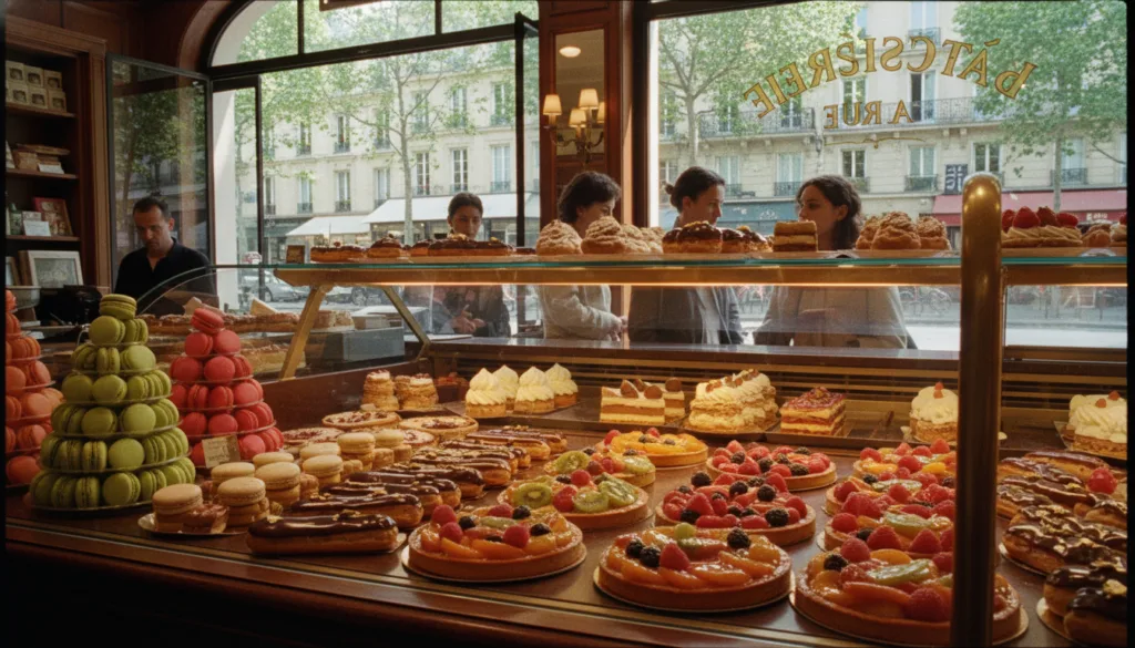 Ikonické parížske cukrárne s ponukou elegantného francúzskeho pečiva, ako sú jemné makrónky, lahodné veterníky a krásne vyrobené ovocné koláčiky, vystavené v pôvabnom obchodíku. V popredí sa nachádza leštený drevený pult s rôznymi druhmi pečiva, každé s prepracovanými, farebnými dekoráciami. V strede sa nachádzajú elegantné sklenené vitríny plné pečiva, ktorého textúry sa trblietajú pod jemným, filmovým osvetlením. V pozadí je jemne viditeľná malebná parížska uličná scenéria s malebnou architektúrou a listnatými stromami. Atmosféra je prívetivá a hrejivá, evokuje podstatu rušnej parížskej kaviarne. Táto kompozícia, zachytená v rozlíšení 8k s bohatými detailmi a textúrami, zdôrazňuje lákadlo návštevy parížskej cukrárne.