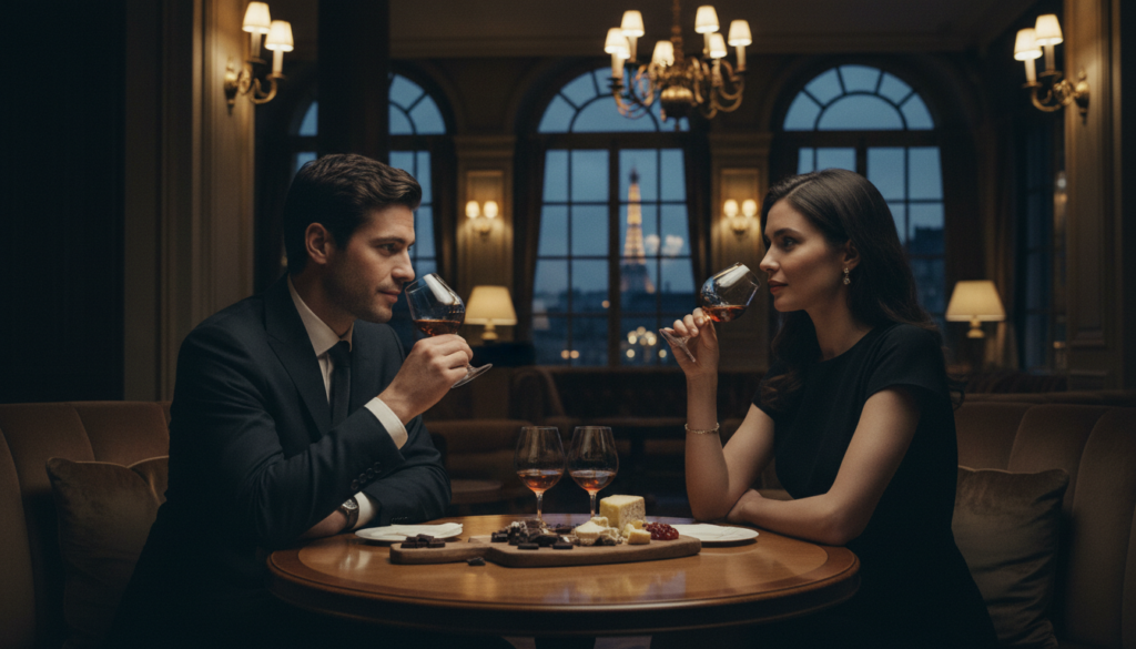 Augstākās klases konjaka degustācijas pieredze elegantā Parīzes vidē ar skaisti novietotu koka galdu un kristāla glāzītēm, kas pildītas ar bagātīgu dzintara krāsas konjaku. Priekšplānā divi eleganti ģērbti cilvēki profesionālā apģērbā, iesaistījušies sarunā, izbaudot aromātus. Vidusdaļā ir redzamas detalizētas galda tekstūras, kas rotātas ar gardēžu šokolādēm un amatnieku sieriem, savukārt fonā atklājas Parīzes bāra greznais interjers ar maigu, siltu apgaismojumu, kas rada zeltainu nokrāsu. Lielos logos redzama burvīgā Parīzes panorāma krēslā, pastiprinot izsmalcināto atmosfēru. Aina ir iemūžināta neapstrādātas fotogrāfijas stilā ar kinematogrāfisku apgaismojumu, kas uzsver grezno noskaņu 8k izšķirtspējā.