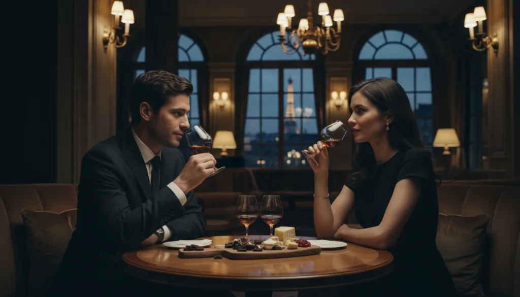 Une dégustation de cognac d'exception dans un cadre parisien élégant. Une table en bois finement dressée présente des coupes en cristal remplies d'un cognac ambré et riche. Au premier plan, deux personnes élégamment vêtues, en tenue professionnelle, conversent en savourant les arômes. Au second plan, les textures détaillées de la table sont mises en valeur par des chocolats fins et des fromages artisanaux, tandis qu'à l'arrière-plan se dévoile l'intérieur opulent d'un bar parisien, baigné d'une lumière douce et chaleureuse aux reflets dorés. De larges fenêtres offrent une vue imprenable sur le charmant panorama parisien au crépuscule, contribuant à l'atmosphère raffinée. La scène, capturée dans un style photographique brut avec un éclairage cinématographique, souligne l'ambiance luxueuse en résolution 8K.