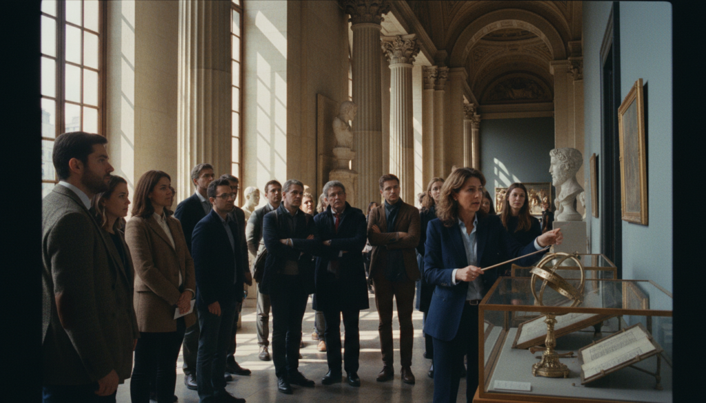 A beautiful scene capturing a guided museum tour in Paris, focusing on history and heritage. In the foreground, a diverse group of tourists, dressed in smart casual clothing, intently listen to a knowledgeable guide pointing at an intricate historical artifact. The middle ground features a grand museum interior, showcasing detailed architecture with ornate columns and large windows allowing soft natural light to pour in. The background highlights famous paintings and sculptures, inviting viewers to explore the rich cultural tapestry. The image is captured in high resolution, with cinematic lighting emphasizing textures and creating an immersive atmosphere, evoking a sense of wonder and appreciation for art and history. A beautiful scene capturing a guided museum tour in Paris, focusing on history and heritage. In the foreground, a diverse group of tourists, dressed in smart casual clothing, intently listen to a knowledgeable guide pointing at an intricate historical artifact. The middle ground features a grand museum interior, showcasing detailed architecture with ornate columns and large windows allowing soft natural light to pour in. The background highlights famous paintings and sculptures, inviting viewers to explore the rich cultural tapestry. The image is captured in high resolution, with cinematic lighting emphasizing textures and creating an immersive atmosphere, evoking a sense of wonder and appreciation for art and history.