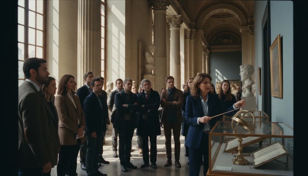 Une magnifique scène immortalisant une visite guidée d'un musée parisien, axée sur l'histoire et le patrimoine. Au premier plan, un groupe de touristes aux profils variés, vêtus avec élégance décontractée, écoute attentivement un guide passionné qui désigne une pièce historique complexe. Au second plan, on découvre l'intérieur majestueux d'un musée, révélant une architecture raffinée avec ses colonnes ornementées et ses grandes fenêtres laissant entrer une douce lumière naturelle. À l'arrière-plan, des peintures et des sculptures célèbres invitent le visiteur à explorer la richesse de ce patrimoine culturel. L'image, capturée en haute résolution, bénéficie d'un éclairage cinématographique qui souligne les textures et crée une atmosphère immersive, suscitant émerveillement et appréciation pour l'art et l'histoire.