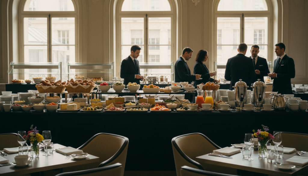 A beautifully arranged breakfast buffet in a Paris hotel dining area, featuring a variety of delicious items such as croissants, fresh fruits, gourmet cheeses, and aromatic coffee. In the foreground, neatly set tables with elegant plates, utensils, and charming floral centerpieces showcase the inviting atmosphere. In the middle, a vibrant buffet table brimming with colorful dishes, with a backdrop of soft, diffused natural light streaming through large windows, casting a warm glow on the scene. In the background, stylishly dressed hotel staff attend to guests in smart business attire, enhancing the professional ambiance. The setting conveys a welcoming, vibrant atmosphere, perfect for group gatherings, shot in ultra-detailed 8k resolution with cinematic lighting to highlight textures and create an inviting mood. A beautifully arranged breakfast buffet in a Paris hotel dining area, featuring a variety of delicious items such as croissants, fresh fruits, gourmet cheeses, and aromatic coffee. In the foreground, neatly set tables with elegant plates, utensils, and charming floral centerpieces showcase the inviting atmosphere. In the middle, a vibrant buffet table brimming with colorful dishes, with a backdrop of soft, diffused natural light streaming through large windows, casting a warm glow on the scene. In the background, stylishly dressed hotel staff attend to guests in smart business attire, enhancing the professional ambiance. The setting conveys a welcoming, vibrant atmosphere, perfect for group gatherings, shot in ultra-detailed 8k resolution with cinematic lighting to highlight textures and create an inviting mood.