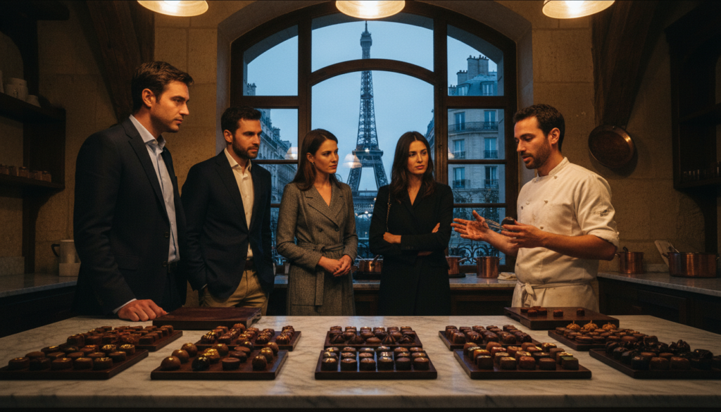 A beautifully arranged chocolate tour scene in Paris, featuring a small group of elegantly dressed individuals, both men and women in smart casual attire, gathered around a chocolatier's workshop. In the foreground, a display of exquisite handmade chocolates on a marble counter, showcasing various shapes and colors, with rich textures highlighted under soft, warm cinematic lighting. The middle ground reveals the chocolatier passionately explaining the chocolate-making process, while a backdrop of Parisian architecture, including the Eiffel Tower subtly visible through a window. The overall atmosphere is inviting, filled with warmth and excitement, suggesting a delightful culinary adventure. The image should have a raw photographic feel, capturing the essence of the moment in stunning 8k resolution, with intricately detailed textures.