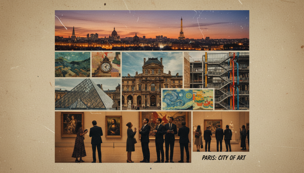 A beautifully arranged collage featuring the iconic museums and galleries of Paris, including the Louvre, Musée d'Orsay, and Centre Pompidou. In the foreground, elegant visitors in professional attire are admiring artwork, encapsulating the essence of cultural appreciation. The middle section showcases stunning architectural details of the museum facades, emphasizing classic and modern styles, with vibrant artistic works displayed prominently. The background features a dreamy Parisian skyline at dusk, with warm, cinematic lighting illuminating the scene. The setting conveys a sense of wonder and inspiration, drawing attention to the artistic treasures housed within the city. Capture this vibrant scene in 8k resolution, focusing on highly detailed textures and the interplay of light and shadow to evoke a rich, immersive atmosphere.