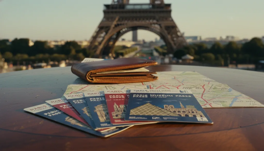 Sur une table en bois poli, une présentation soignée met en valeur un pass musées parisiens et divers billets pour des visites combinées. Au premier plan, les pass colorés, étalés les uns sur les autres, dévoilent des images emblématiques de musées tels que le Louvre et le musée d'Orsay, avec des textures complexes et des couleurs éclatantes. Au second plan, un élégant portefeuille en cuir, entrouvert, laisse apparaître d'autres billets et un plan indiquant les itinéraires de visite des sites culturels les plus célèbres de Paris. À l'arrière-plan, une vue légèrement floutée de la Tour Eiffel évoque l'élégance parisienne. Un éclairage cinématographique diffuse une lumière chaude, rehaussant les détails des pass et créant une atmosphère accueillante. Capturez cette scène en superbe résolution 8K, avec des textures très détaillées et une légère profondeur de champ pour mettre en valeur les éléments du premier plan tout en préservant la netteté de l'arrière-plan captivant.