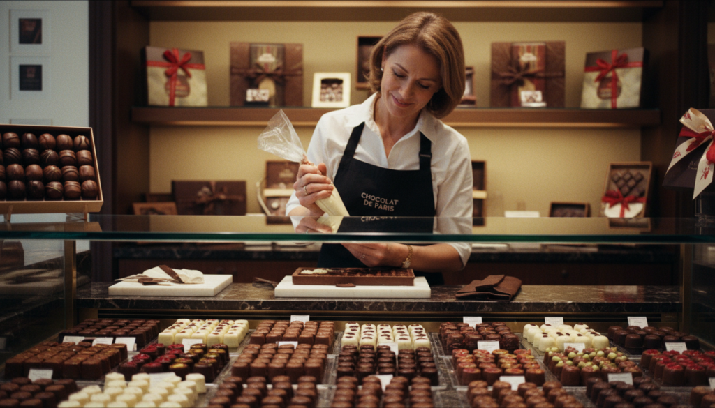 A beautifully arranged display of exquisite chocolates from famous chocolatiers in Paris, set in an elegant shop interior. In the foreground, showcase an enticing selection of dark, milk, and white chocolates, featuring intricate designs and vibrant colors. The middle ground features a charming chocolatier, a middle-aged woman in a professional apron, carefully crafting chocolates with a warm smile. In the background, soft-focus shelves lined with artisanal chocolate boxes and decorative elements evoke a cozy atmosphere. Incorporate warm, cinematic lighting that highlights the glossy textures of the chocolates. Capture the scene with a slight depth of field effect to emphasize the delicious treats, in stunning 8k resolution, conveying a sense of indulgence and delight.