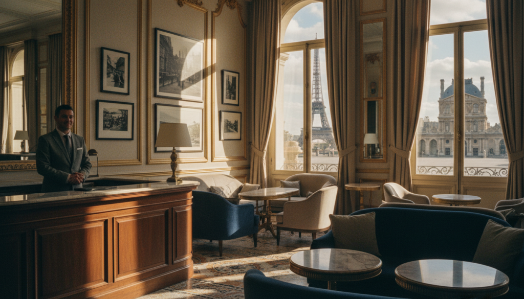 A beautifully arranged hotel lobby in Paris, showcasing elegant accommodations that reflect the charm of the city. In the foreground, a stylish reception desk made of dark wood captures the eye, attended by a friendly concierge in professional attire. The middle ground features well-furnished seating areas adorned with plush sofas and intricate decor, creating an inviting atmosphere. Bright, cinematic lighting filters through large windows, casting soft shadows that enhance the highly detailed textures of the room. In the background, glimpses of iconic Parisian landmarks like the Eiffel Tower or the Louvre are subtly visible through the windows, indicating proximity to major attractions. The overall mood is sophisticated and welcoming, set in an 8k resolution for high clarity. A beautifully arranged hotel lobby in Paris, showcasing elegant accommodations that reflect the charm of the city. In the foreground, a stylish reception desk made of dark wood captures the eye, attended by a friendly concierge in professional attire. The middle ground features well-furnished seating areas adorned with plush sofas and intricate decor, creating an inviting atmosphere. Bright, cinematic lighting filters through large windows, casting soft shadows that enhance the highly detailed textures of the room. In the background, glimpses of iconic Parisian landmarks like the Eiffel Tower or the Louvre are subtly visible through the windows, indicating proximity to major attractions. The overall mood is sophisticated and welcoming, set in an 8k resolution for high clarity.