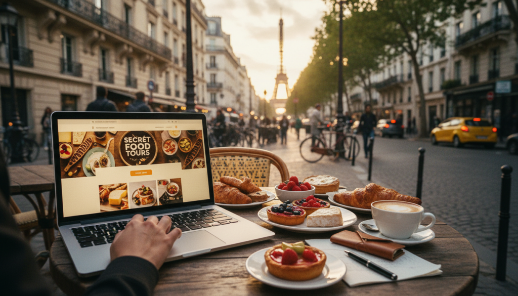 A beautifully arranged outdoor café scene in Paris featuring a laptop displaying the Secret Food Tours website, glowing softly in warm, cinematic lighting. In the foreground, a hand is poised over the keyboard, suggesting the act of booking. The middle ground captures inviting plates of authentic French cuisine, such as croissants, cheese, and pastries, artfully presented on a rustic wooden table. The background reveals iconic Parisian architecture with a hint of the Eiffel Tower, soft focus to emphasize the foreground. The ambiance is lively and inviting, reflecting the charm of Paris with bustling street scenes and the sounds of a vibrant city. The overall image is rich in detail, 8k resolution, with sharp textures that evoke a sense of curiosity and excitement about culinary explorations in the city.