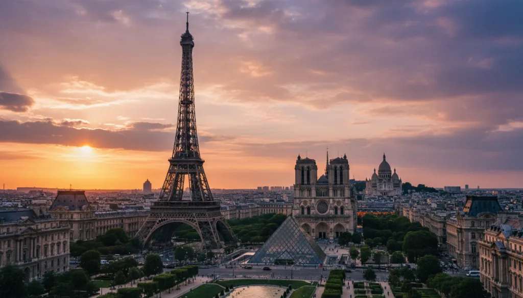 Une image d'une composition magnifique, présentant les sites touristiques les plus célèbres de Paris, classés par quartier. Au premier plan, l'emblématique Tour Eiffel se dresse majestueusement sur un coucher de soleil flamboyant, entourée d'une végétation luxuriante et de charmantes rues parisiennes. Au second plan, le musée du Louvre et sa pyramide de verre côtoient la cathédrale Notre-Dame, baignée par la douce lumière dorée du crépuscule. À l'arrière-plan, le quartier de Montmartre se dévoile, avec ses ruelles pittoresques et la basilique du Sacré-Cœur illuminée par le ciel crépusculaire. Filmée en résolution 8K avec un éclairage cinématographique, l'image met en valeur des textures d'une grande finesse et une netteté exceptionnelle. Elle évoque une atmosphère romantique et accueillante, invitant le spectateur à explorer les différents quartiers de cette ville enchanteresse. L'absence de toute présence humaine dans la composition permet de se concentrer exclusivement sur les monuments architecturaux.