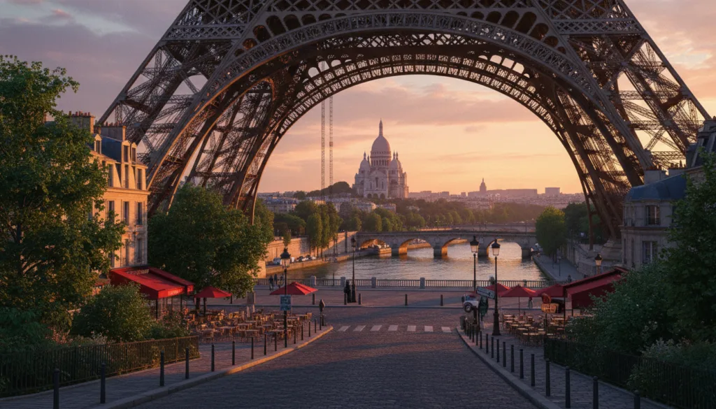 Una escena de bella composición con lugares emblemáticos de París, con la Torre Eiffel en primer plano, brillando bajo los suaves tonos dorados del atardecer. Alrededor de la torre, pintorescas calles parisinas, rodeadas de exuberante vegetación y encantadores cafés, crean una atmósfera acogedora. En segundo plano, captura la majestuosa silueta de la Basílica del Sagrado Corazón, encaramada en la cima de la colina, ofreciendo una impresionante vista de la ciudad. El fondo revela el romántico río Sena, reflejando la increíble arquitectura de sus puentes históricos. Utiliza iluminación cinematográfica para realzar las texturas de los edificios y la vegetación, enfatizando el resplandor del atardecer. La imagen debe evocar una sensación de pasión por los viajes y tranquilidad, capturada con gran detalle a una resolución de 8k, con un enfoque en colores vibrantes y sombras dinámicas.