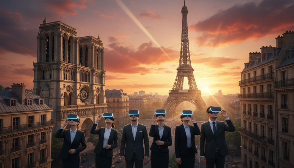 A beautifully detailed virtual tour scene showcasing iconic Parisian landmarks in the foreground, including the Eiffel Tower and Notre-Dame Cathedral, surrounded by elegant architectural details of Parisian streets. In the middle ground, include tourists dressed in professional business attire, captivated by a virtual reality headset, exploring the wonders of the city. The background features a vibrant sunset sky, casting warm, cinematic lighting across the historical buildings, enhancing the textures of the stone and wrought iron. Use an 8k resolution to capture intricate details, with a slightly elevated angle to emphasize the grandeur of the landmarks and the immersive experience of virtual touring. The atmosphere is lively and enchanting, inviting viewers into the magic of Paris.