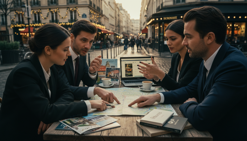 A beautifully organized scene showing a group of tourists discussing plans for group tours in Paris. In the foreground, a diverse group of four individuals in professional business attire—two men and two women—are gathered around a map of Paris laid out on a cafe table, pointing at different sites like the Eiffel Tower and Louvre Museum. In the middle ground, various brochures and a laptop are visible, adding a sense of organization. The background captures a Parisian street with classic architecture and soft, glowing lights of a nearby café, creating a warm and inviting atmosphere. The scene is captured with cinematic lighting, showcasing highly detailed textures in 8k resolution, evoking excitement and anticipation for the planned tours.